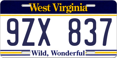 WV license plate 9ZX837