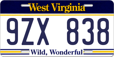 WV license plate 9ZX838