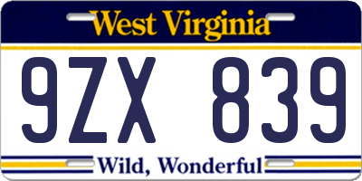 WV license plate 9ZX839