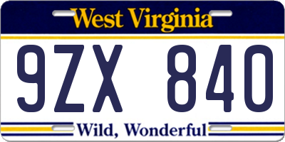 WV license plate 9ZX840