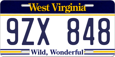 WV license plate 9ZX848