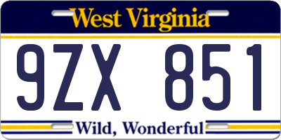 WV license plate 9ZX851