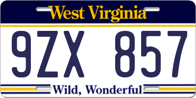 WV license plate 9ZX857