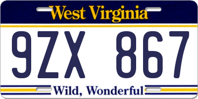 WV license plate 9ZX867