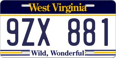 WV license plate 9ZX881