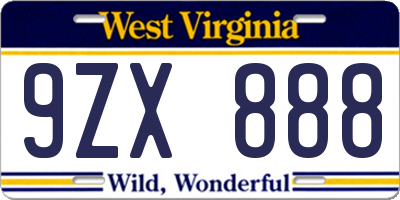 WV license plate 9ZX888