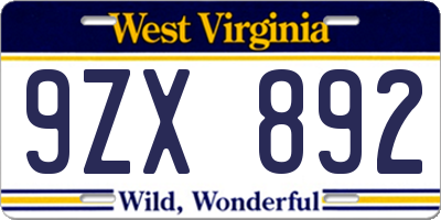 WV license plate 9ZX892