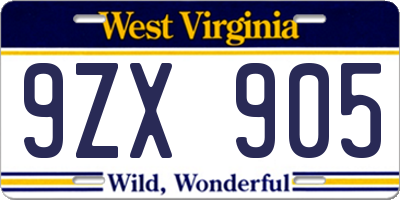 WV license plate 9ZX905