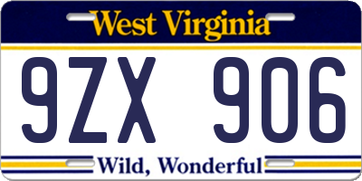 WV license plate 9ZX906