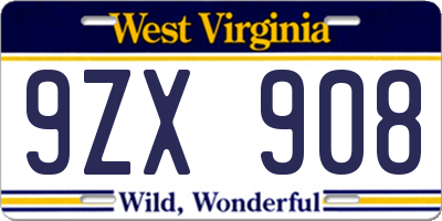 WV license plate 9ZX908