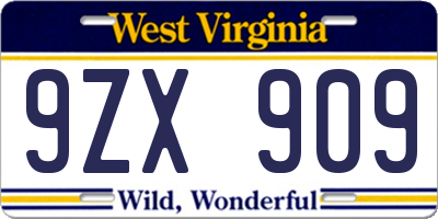 WV license plate 9ZX909