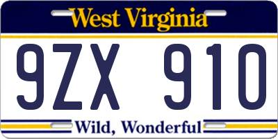 WV license plate 9ZX910