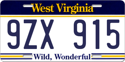 WV license plate 9ZX915