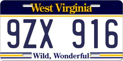 WV license plate 9ZX916