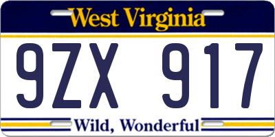 WV license plate 9ZX917