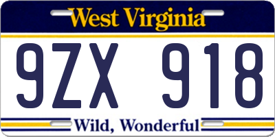WV license plate 9ZX918