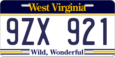 WV license plate 9ZX921