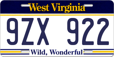 WV license plate 9ZX922