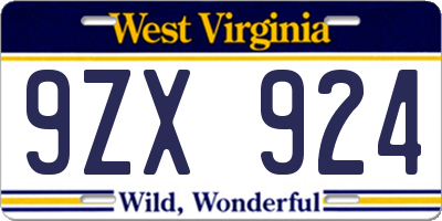 WV license plate 9ZX924