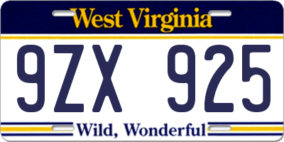 WV license plate 9ZX925