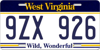WV license plate 9ZX926