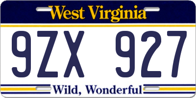 WV license plate 9ZX927