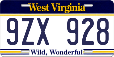WV license plate 9ZX928
