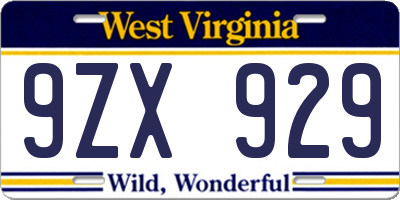 WV license plate 9ZX929