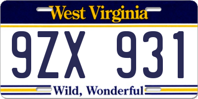 WV license plate 9ZX931