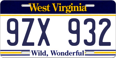 WV license plate 9ZX932