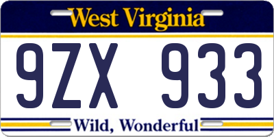 WV license plate 9ZX933