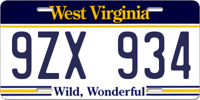 WV license plate 9ZX934