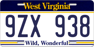 WV license plate 9ZX938
