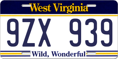 WV license plate 9ZX939