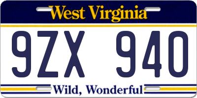 WV license plate 9ZX940