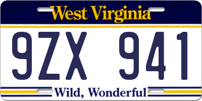 WV license plate 9ZX941