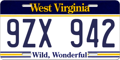 WV license plate 9ZX942
