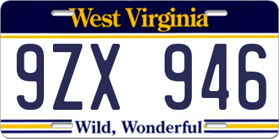 WV license plate 9ZX946