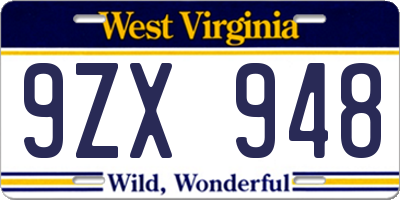 WV license plate 9ZX948