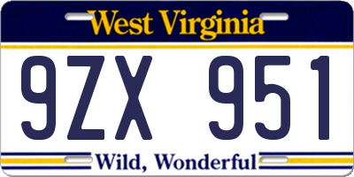 WV license plate 9ZX951