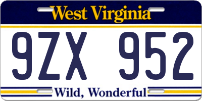 WV license plate 9ZX952