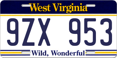 WV license plate 9ZX953