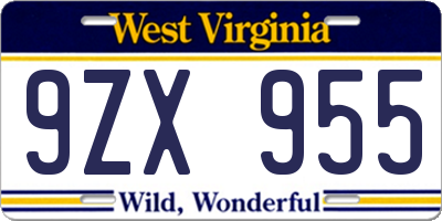 WV license plate 9ZX955