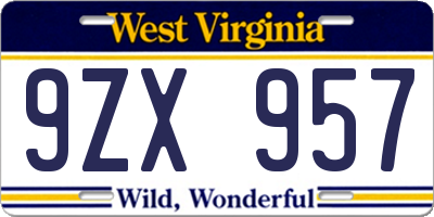 WV license plate 9ZX957