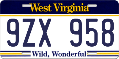 WV license plate 9ZX958