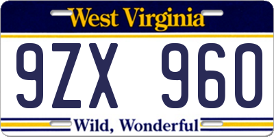 WV license plate 9ZX960