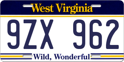WV license plate 9ZX962