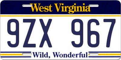 WV license plate 9ZX967