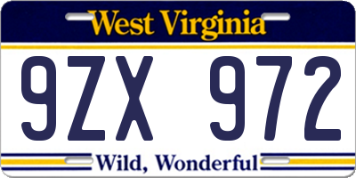 WV license plate 9ZX972