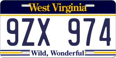 WV license plate 9ZX974